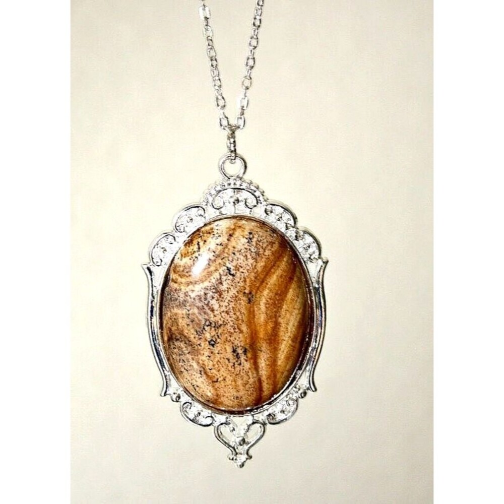 Picture Jasper Pendant Necklace Beige Brown Oval Stone Cabochon OOAK BOHO Gift